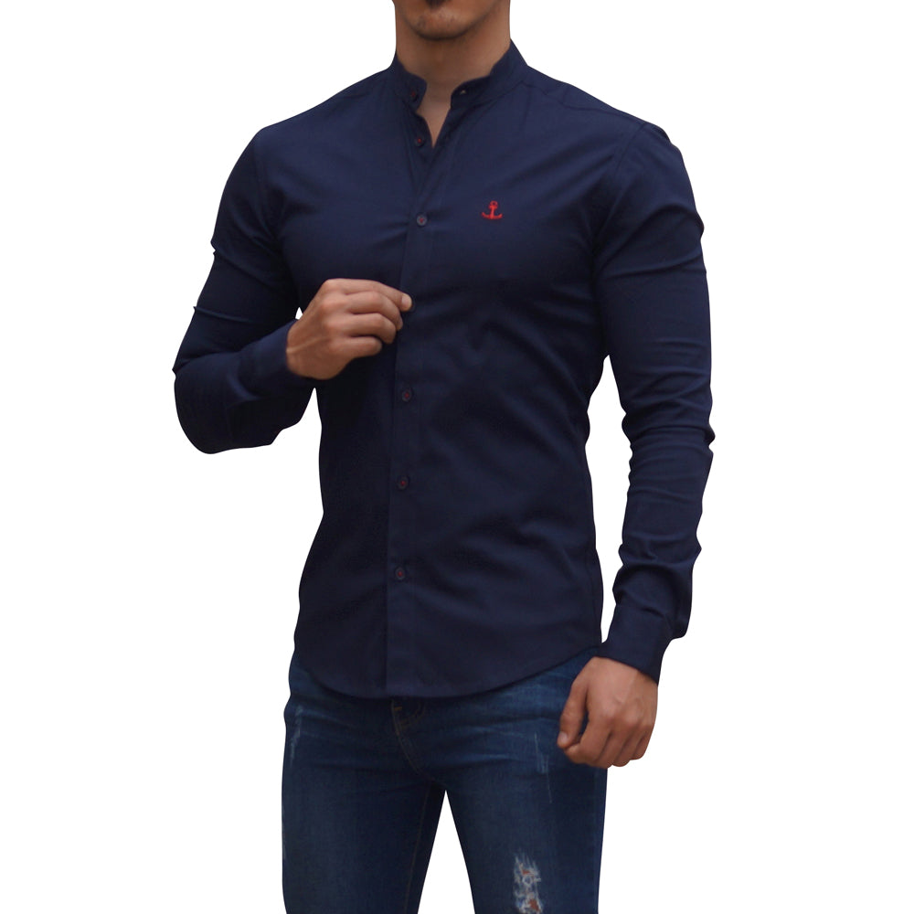 Camisa Azul Marino Cuello Mao Manga Larga Marino Slim Fit
