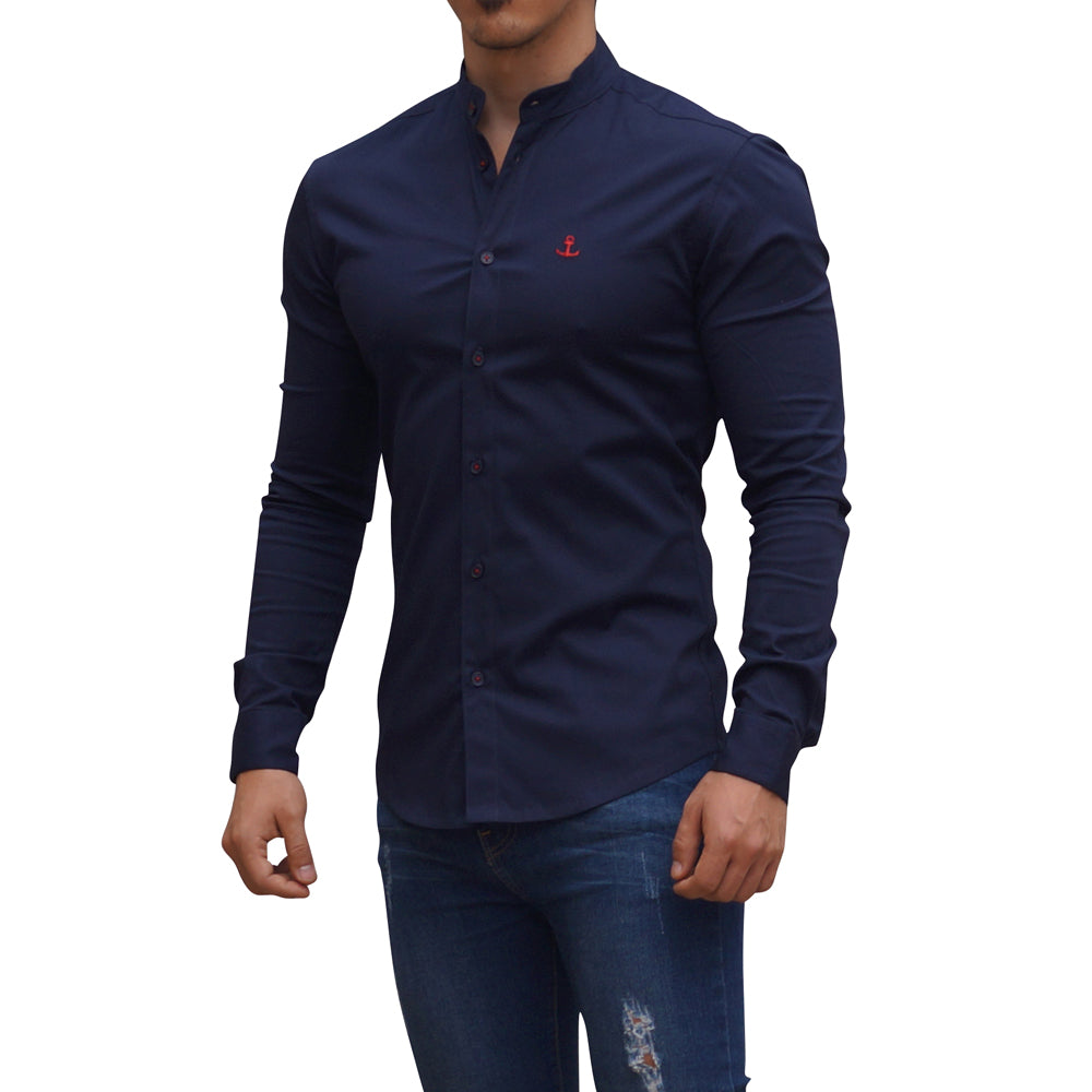 Camisa Azul Marino Cuello Mao Manga Larga Marino Slim Fit