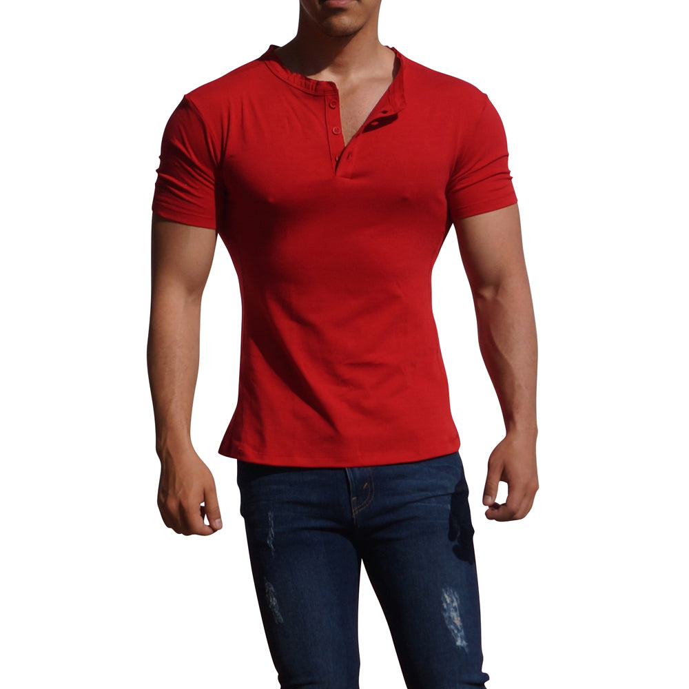Red Short Sleeve Henley T-shirt