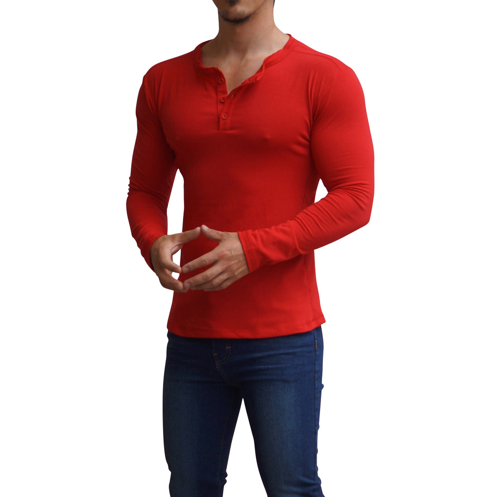 Playera Henley Manga Larga Rojo