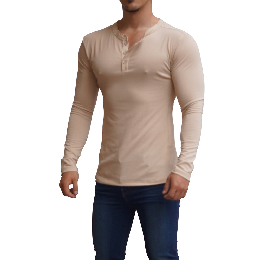 Playera Henley Manga Larga Beige