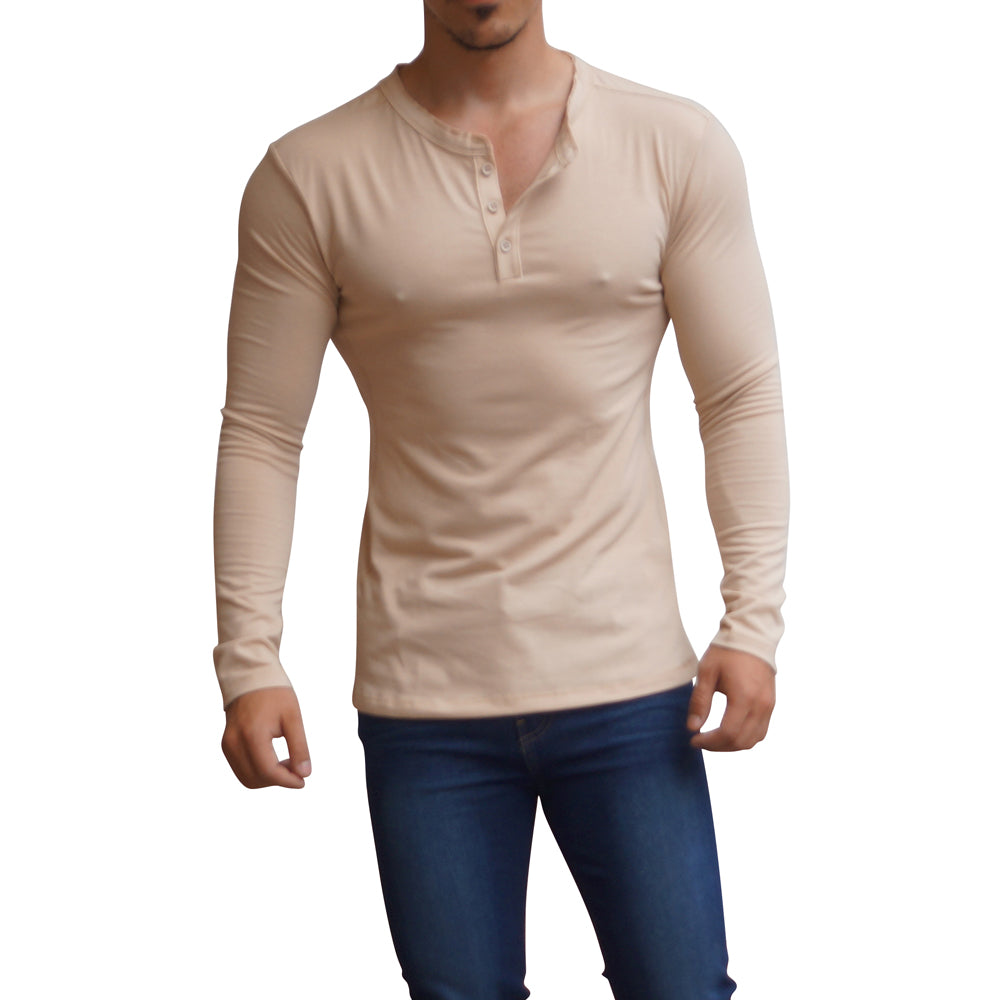 Playera Henley Manga Larga Beige