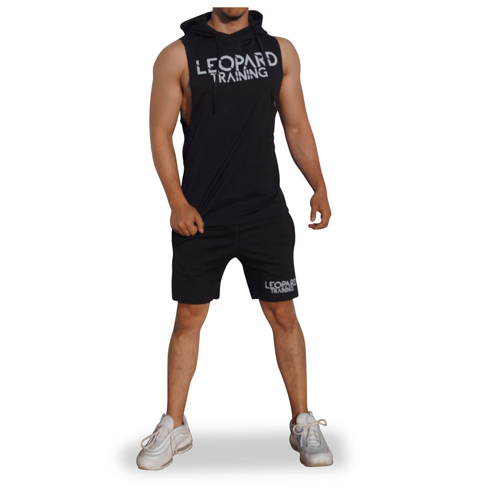 Gym Sleeveless Hoodie Black Logo Stripes White