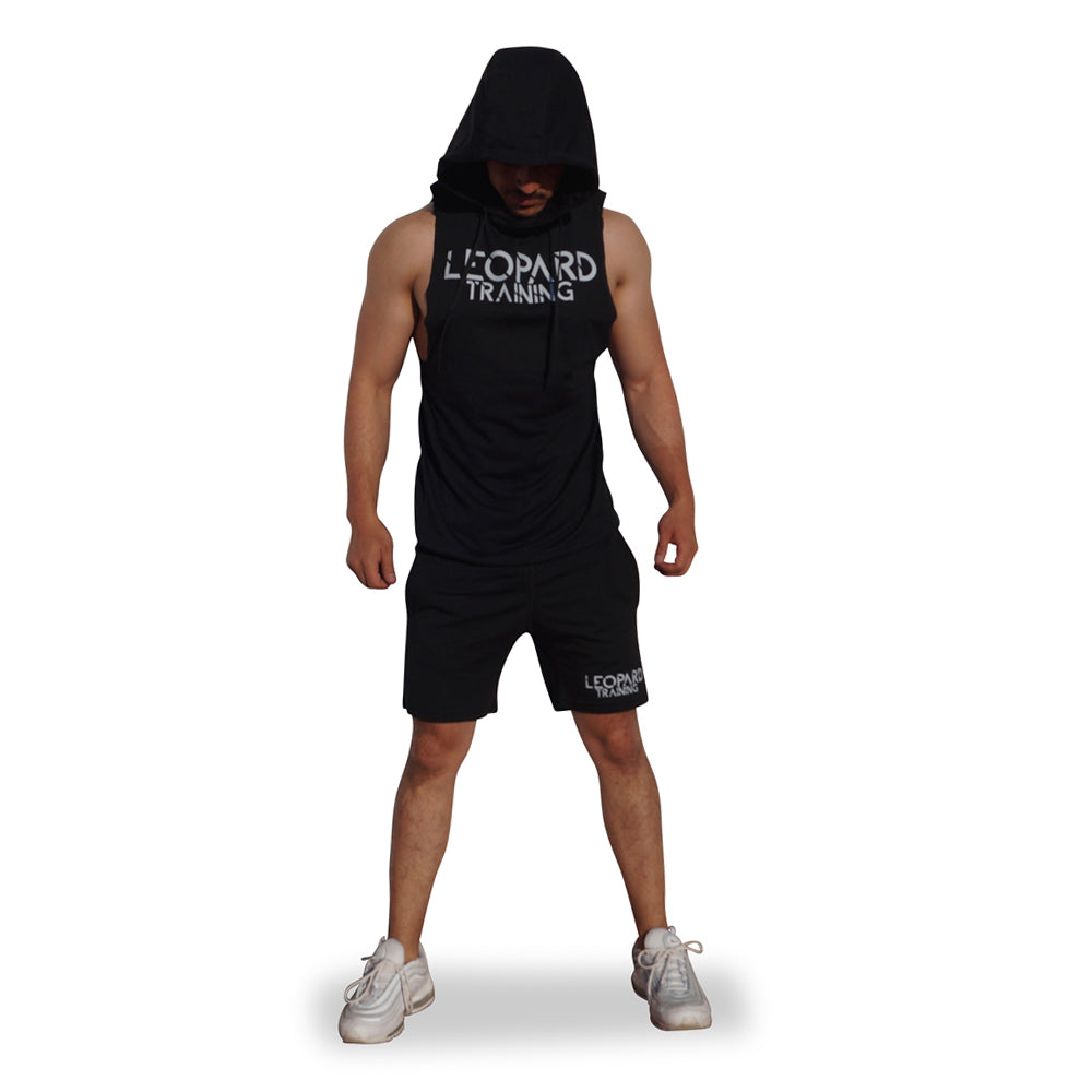 Gym Sleeveless Hoodie Black Logo Stripes White