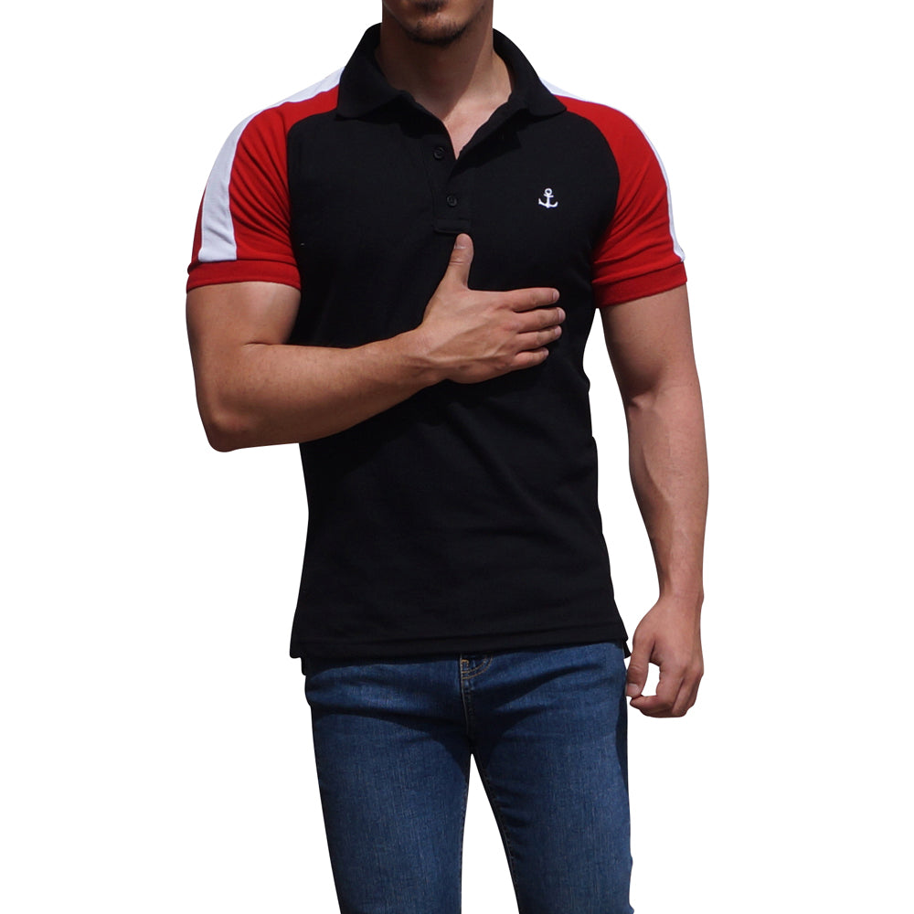 Black Raglan Polo Shirt Red Sleeves White Logo