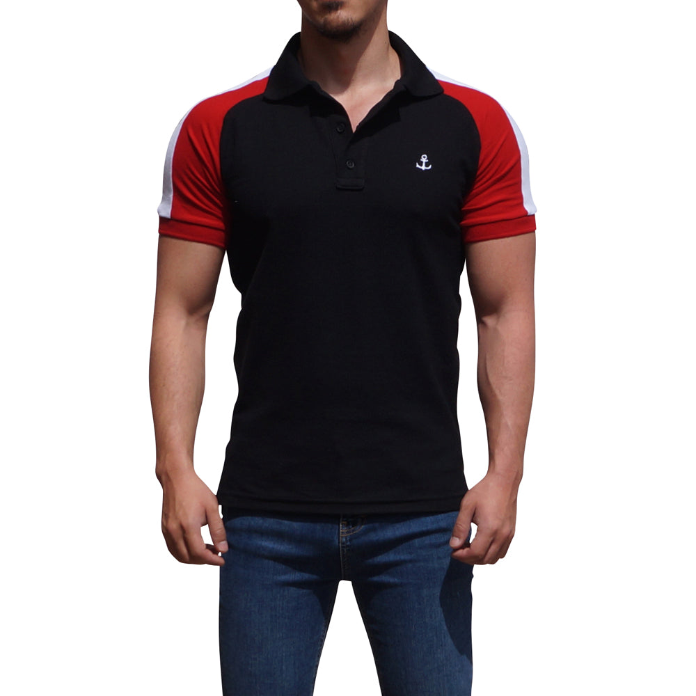 Black Raglan Polo Shirt Red Sleeves White Logo
