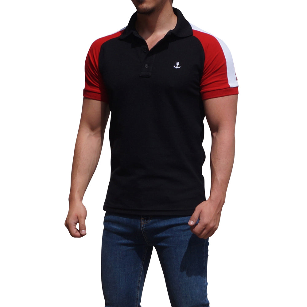 Black Raglan Polo Shirt Red Sleeves White Logo