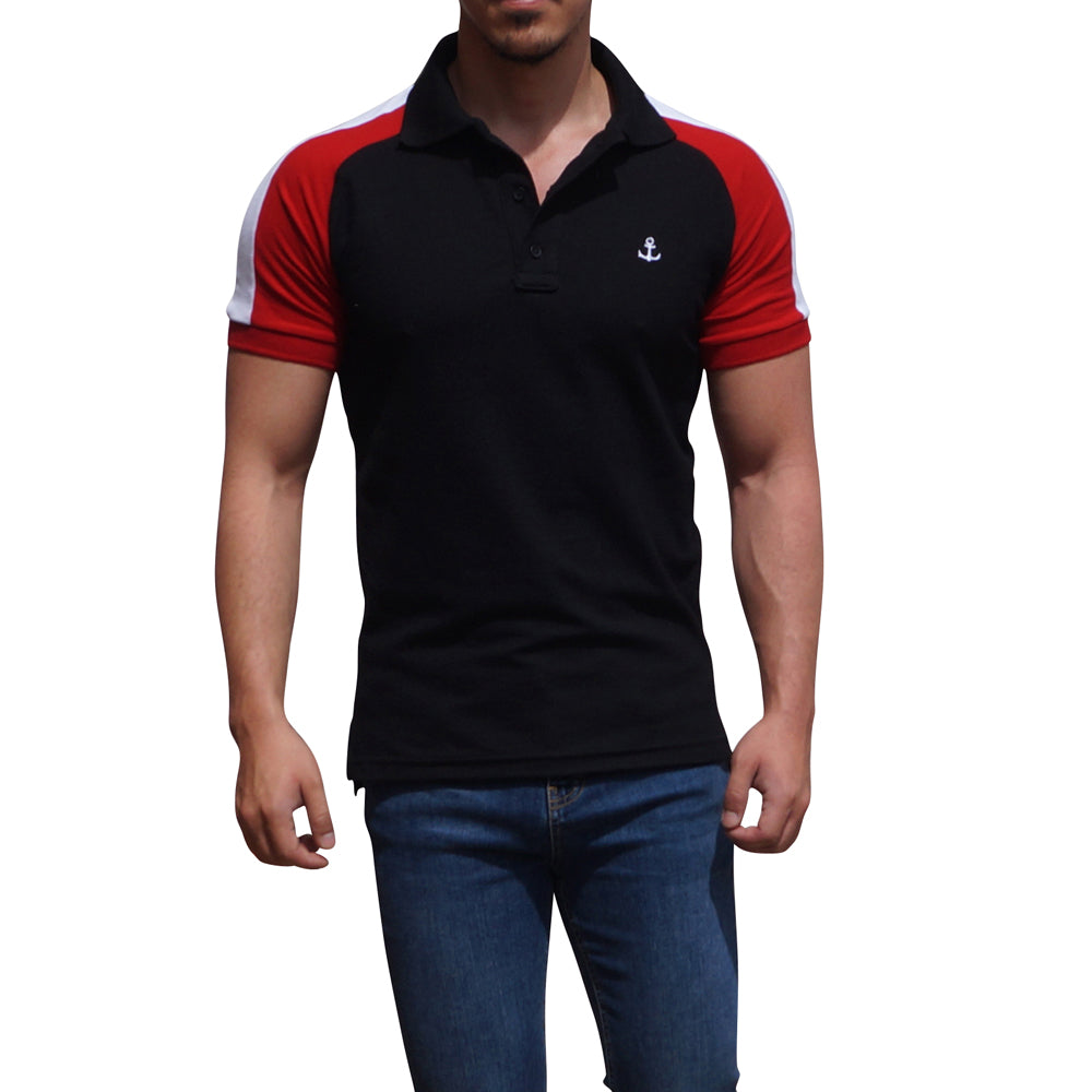 Black Raglan Polo Shirt Red Sleeves White Logo