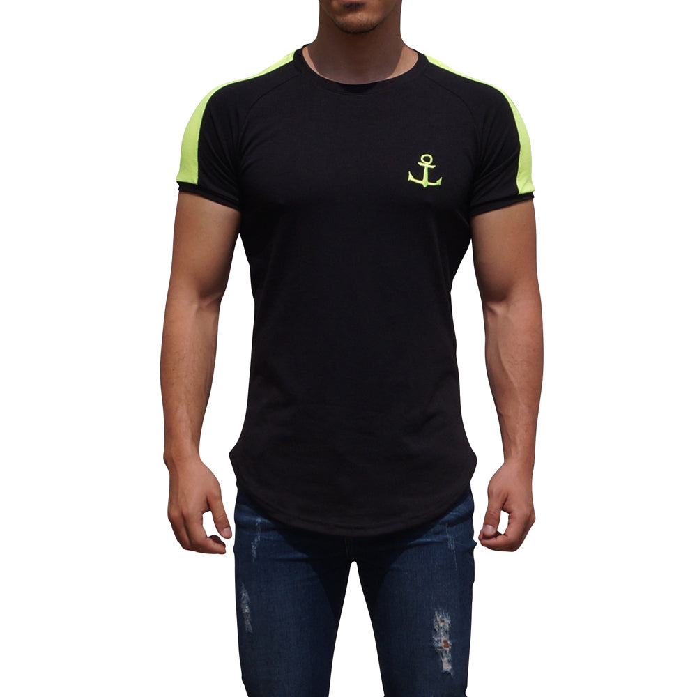 Black Short Sleeve Raglan T-shirt with Neon Yellow Stripe