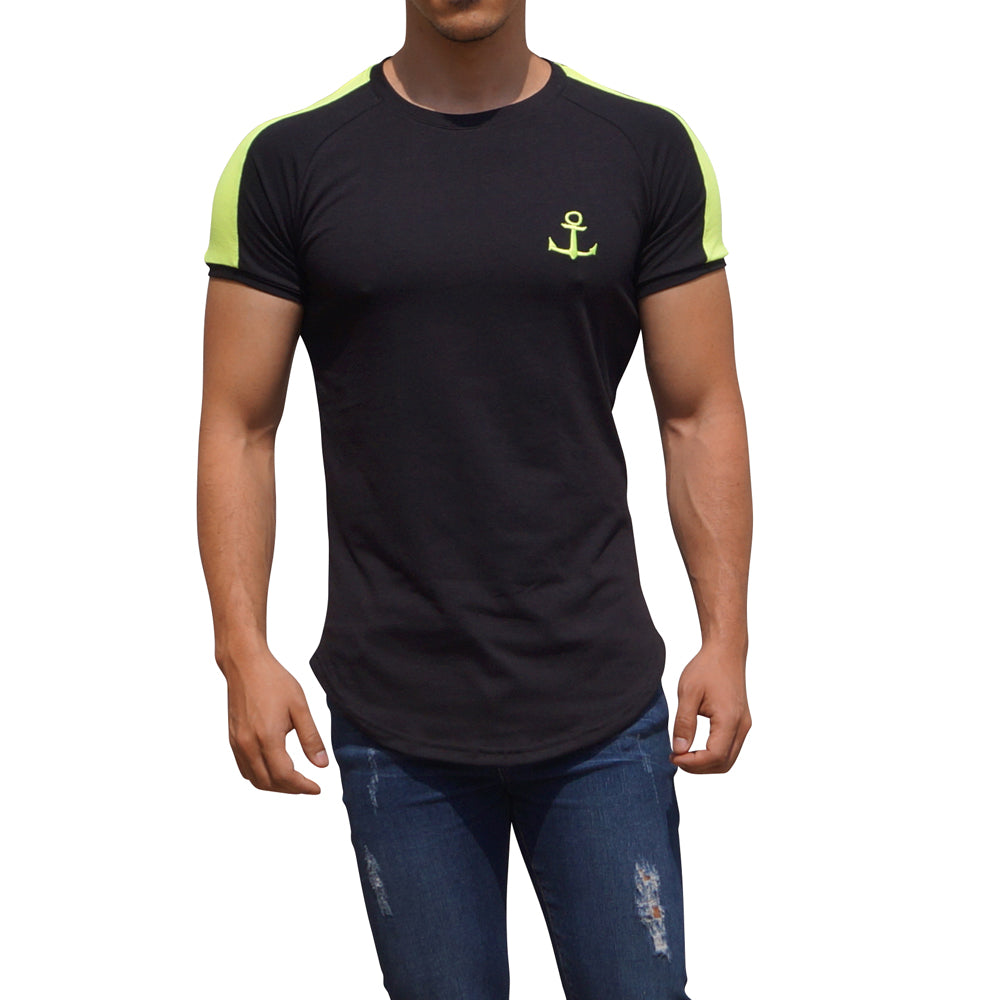 Black Short Sleeve Raglan T-shirt with Neon Yellow Stripe