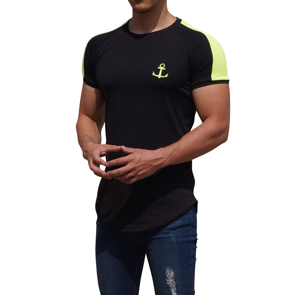 Black Short Sleeve Raglan T-shirt with Neon Yellow Stripe