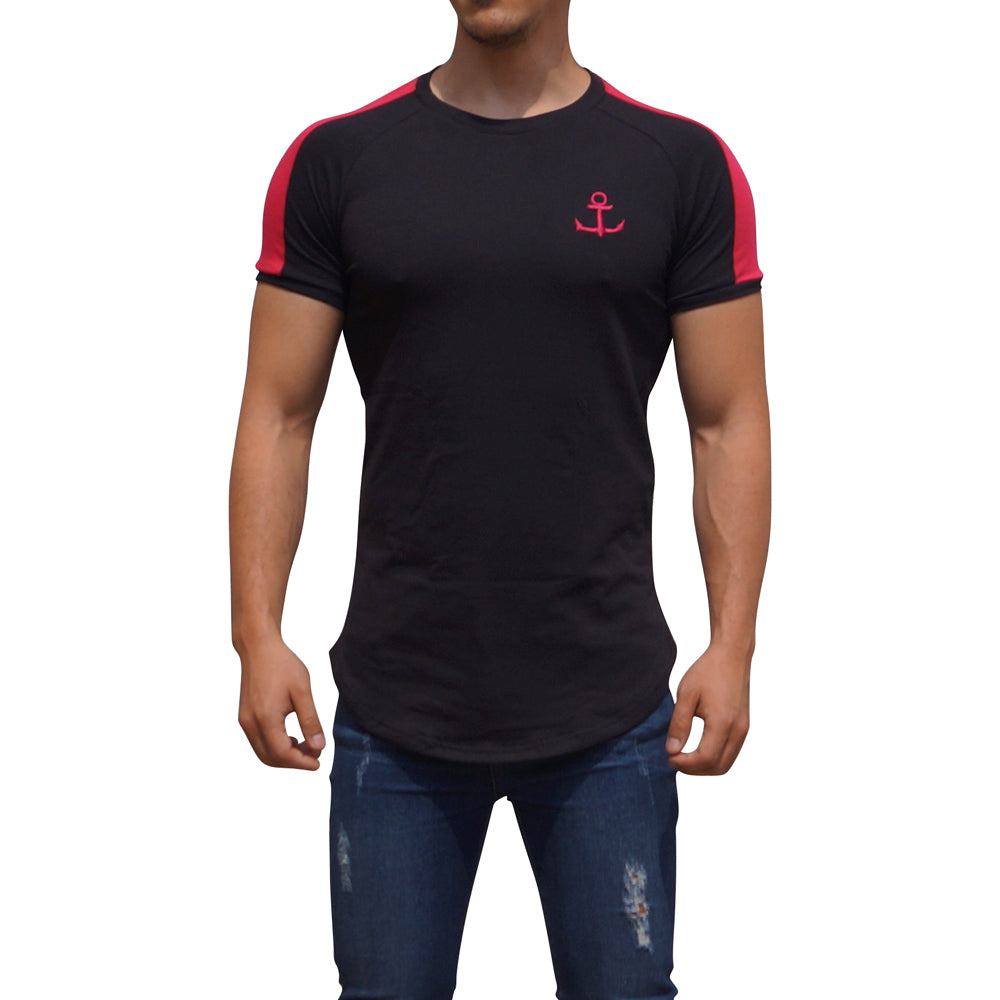 Black Short Sleeve Raglan T-shirt with Neon Pink Stripe