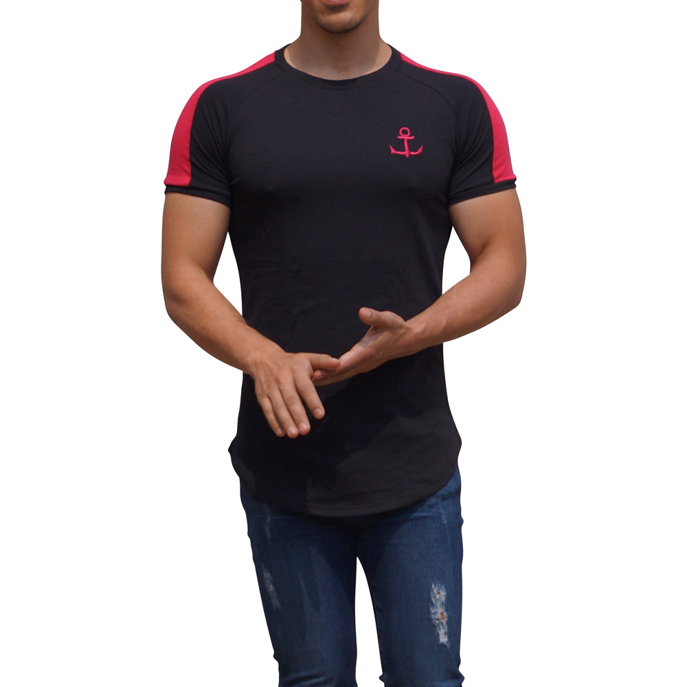 Black Short Sleeve Raglan T-shirt with Neon Pink Stripe