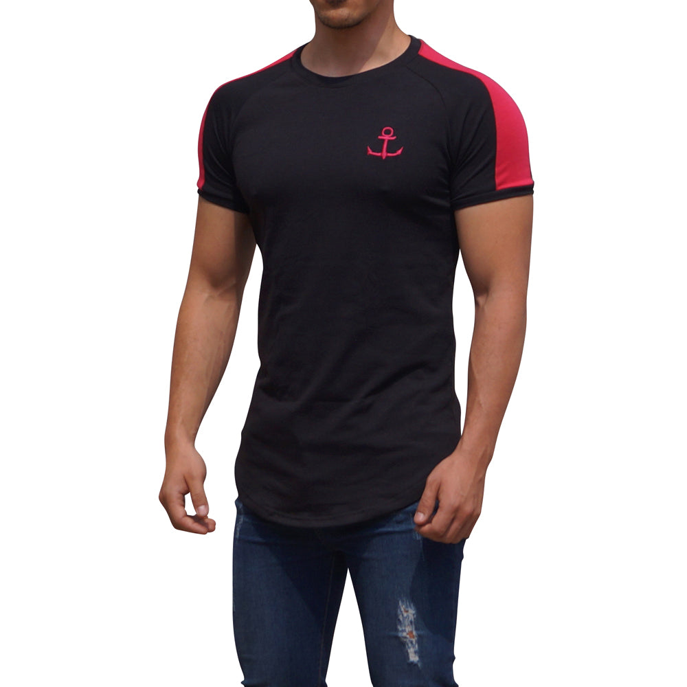 Black Short Sleeve Raglan T-shirt with Neon Pink Stripe