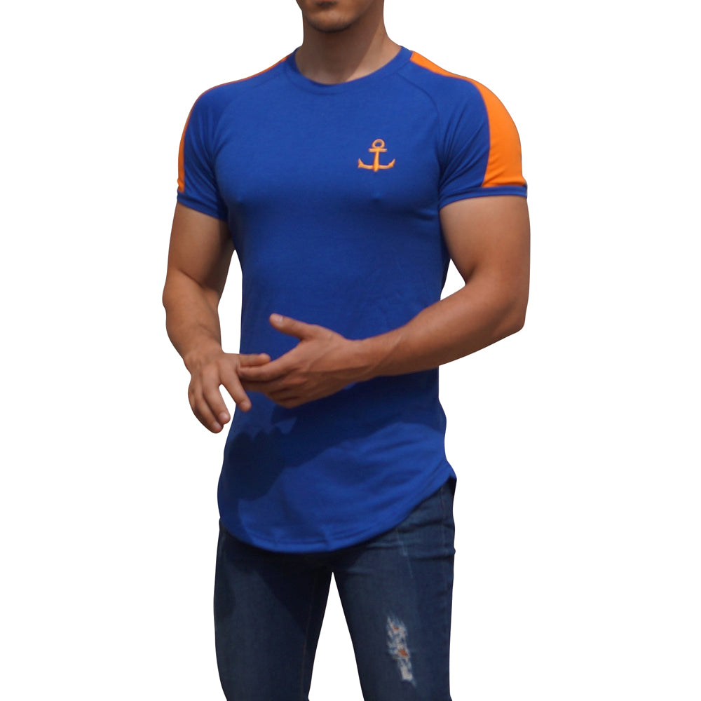 Royal Blue Short Sleeve Orange Stripe Ranglan T-Shirt