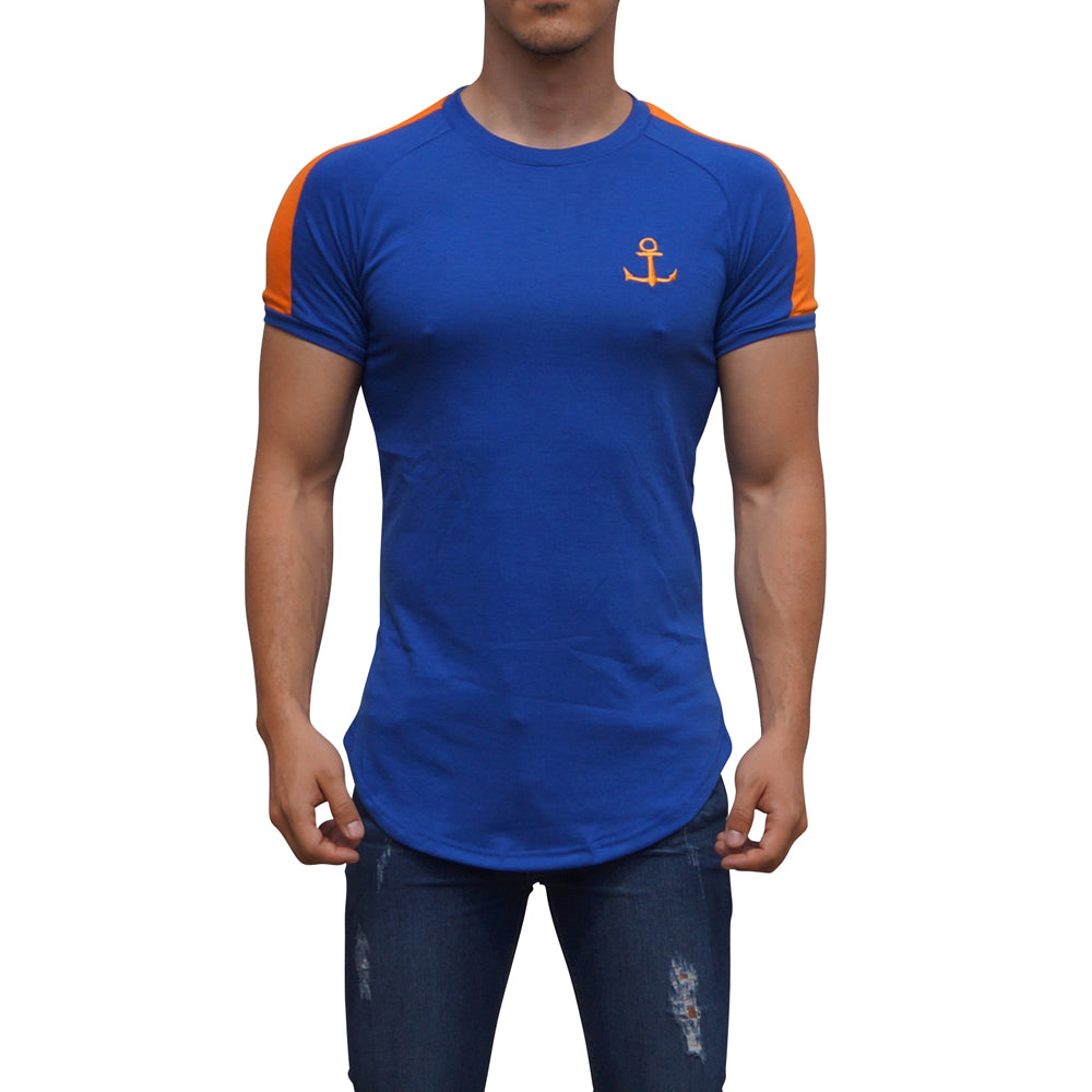 Royal Blue Short Sleeve Orange Stripe Ranglan T-Shirt