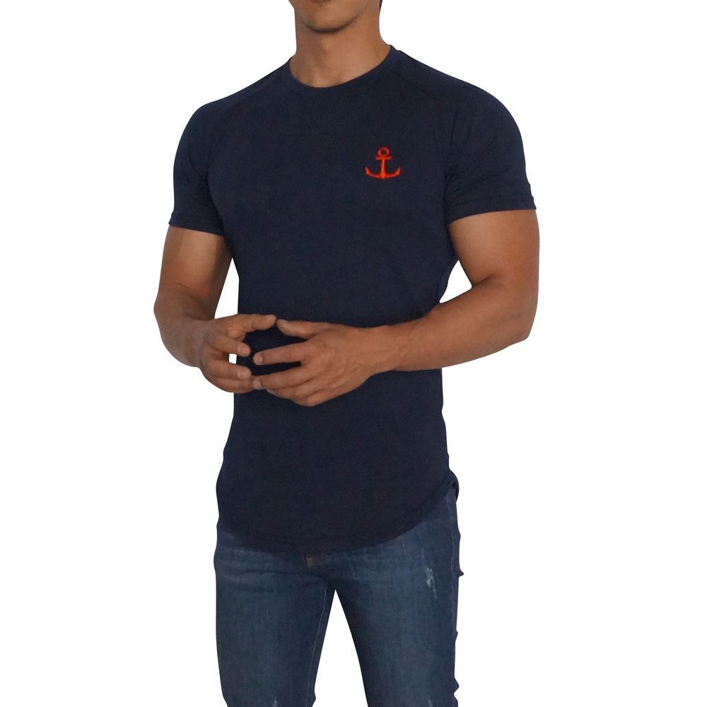 Navy Short Sleeve Ranglan T-Shirt Navy Red Logo