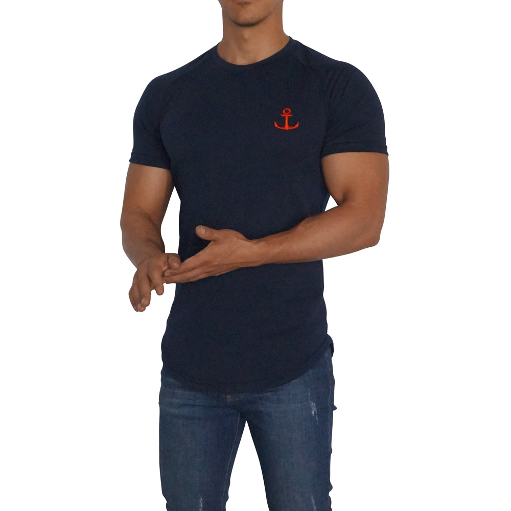 Navy Short Sleeve Ranglan T-Shirt Navy Red Logo