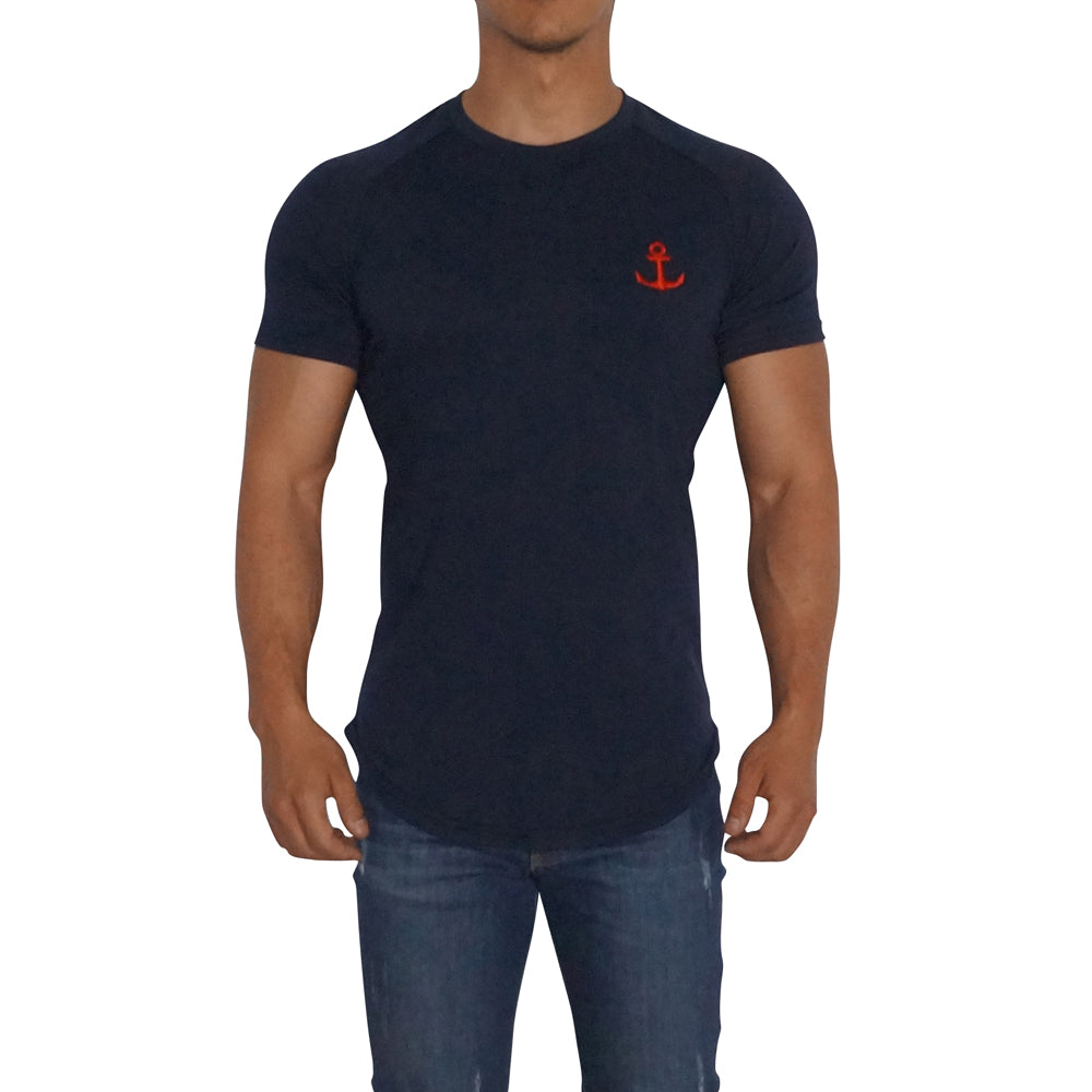 Navy Short Sleeve Ranglan T-Shirt Navy Red Logo