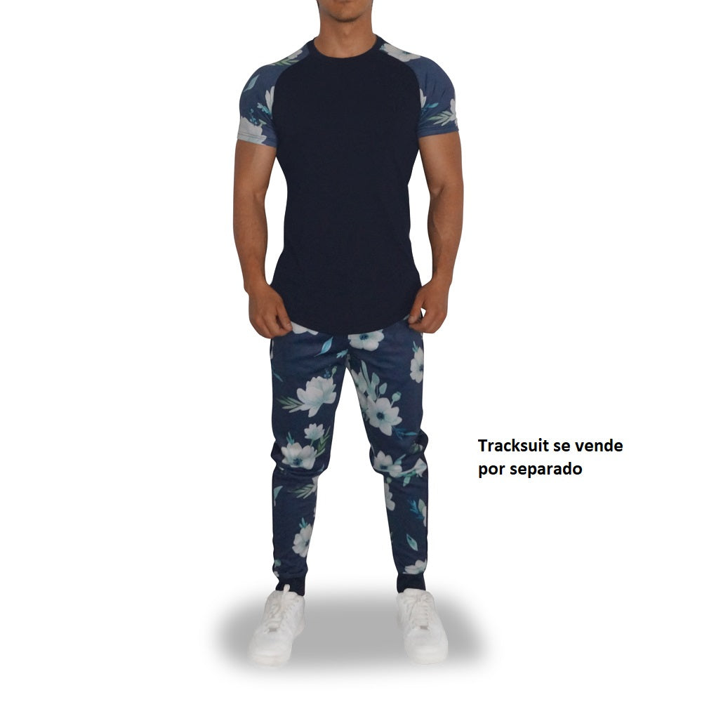 Navy Ranglan Short Sleeve Flowers Canvas T-Shirt