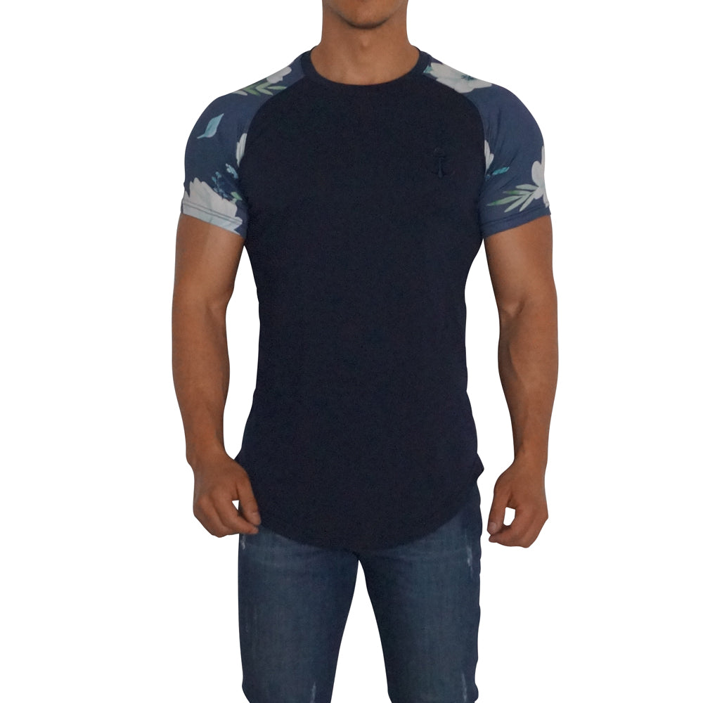 Navy Ranglan Short Sleeve Flowers Canvas T-Shirt