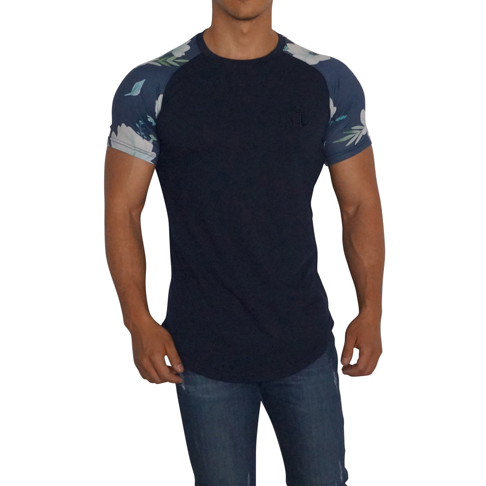 Navy Ranglan Short Sleeve Flowers Canvas T-Shirt