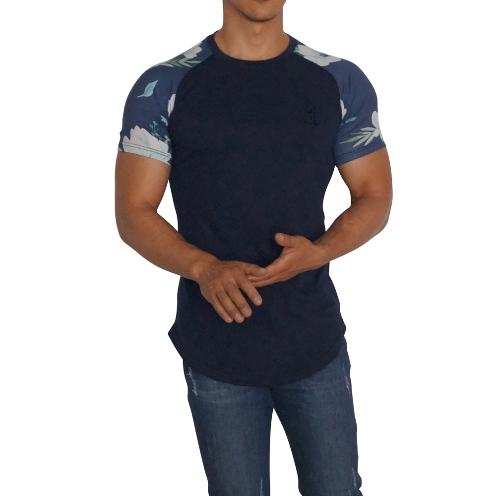Navy Ranglan Short Sleeve Flowers Canvas T-Shirt
