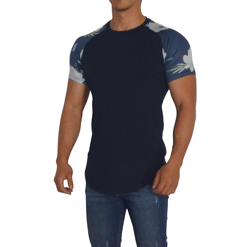 Navy Ranglan Short Sleeve Flowers Canvas T-Shirt