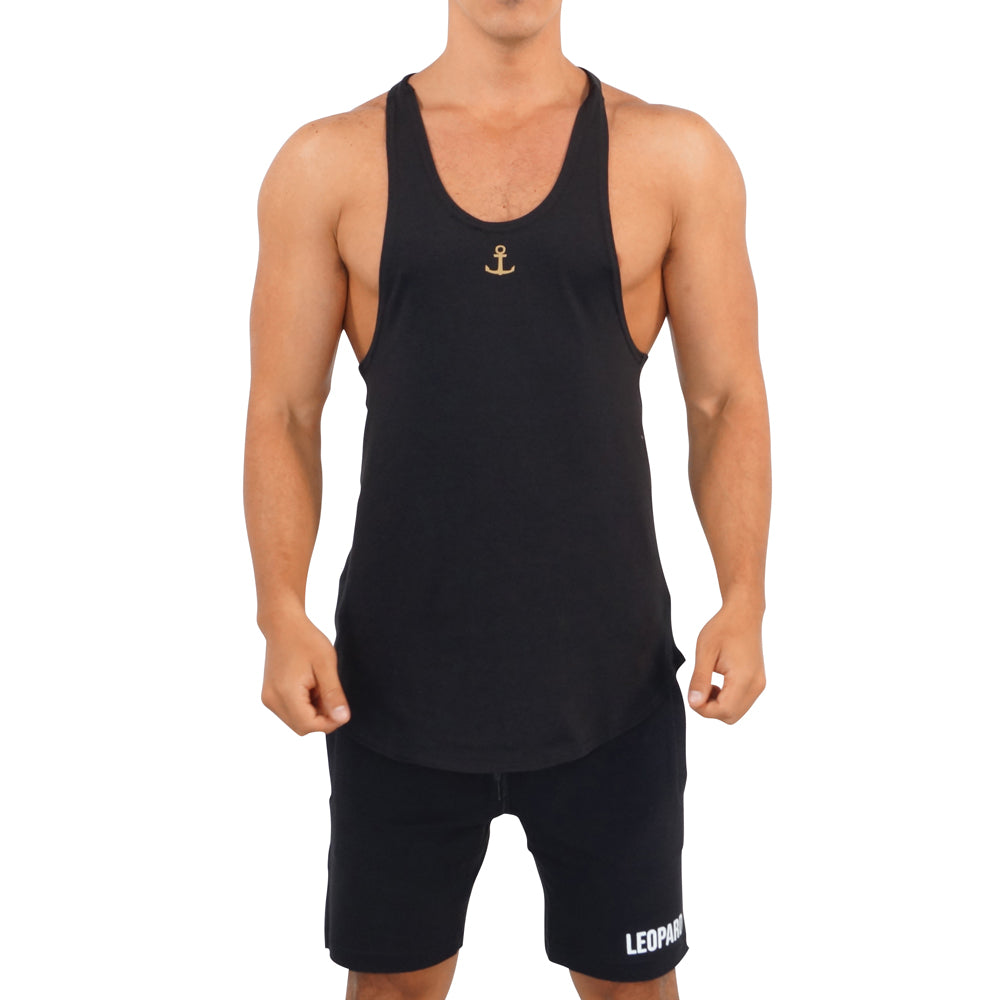 Gym Stringer Tank Black Golden Anchor