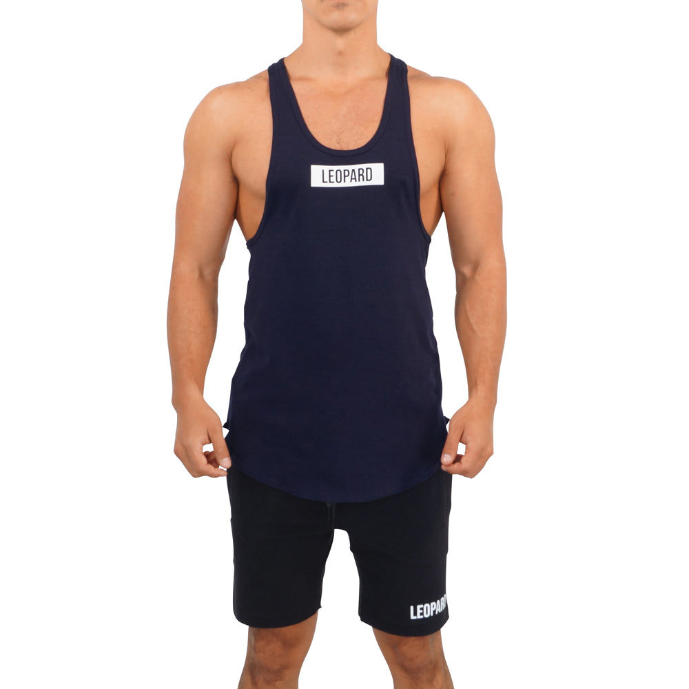 Gym Stringer Tank Navy Box Logo White