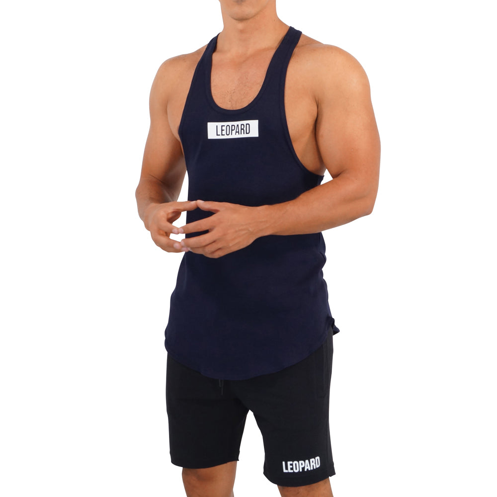 Gym Stringer Tank Navy Box Logo White