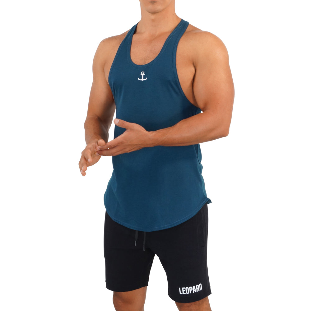 Gym Stringer Tank Verde Petroleo Ancla Blanca