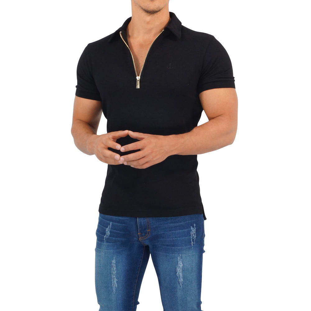 Zipped Short Sleeve Polo Full Black