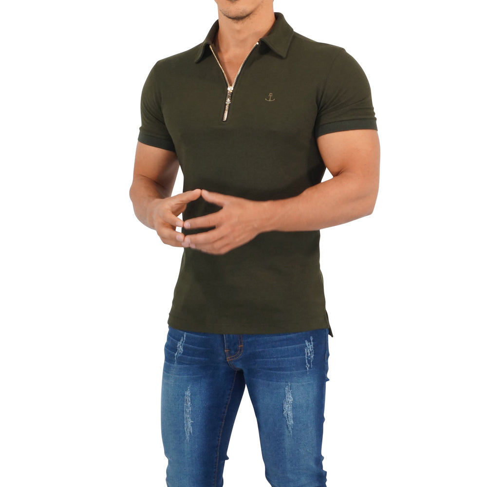 Zipped Short Sleeve Polo Full Olive