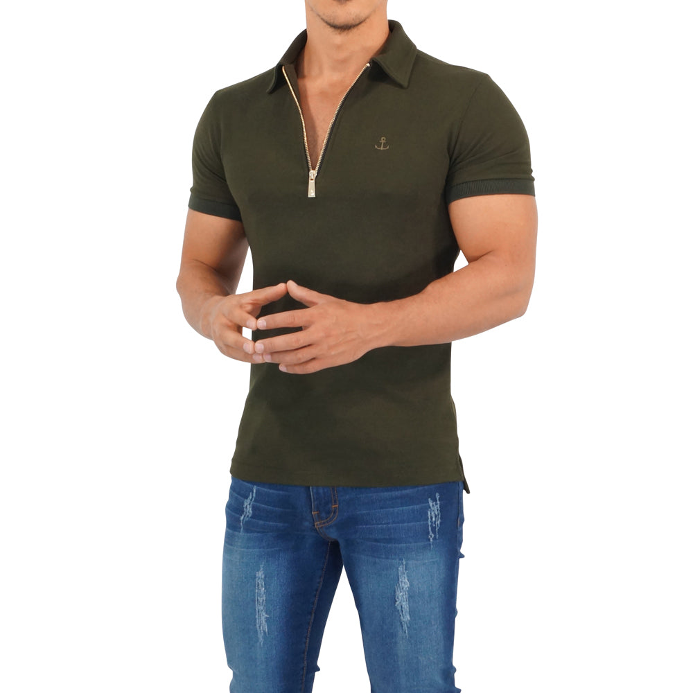 Zipped Short Sleeve Polo Full Olive
