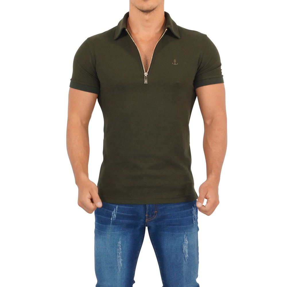Zipped Short Sleeve Polo Full Olive