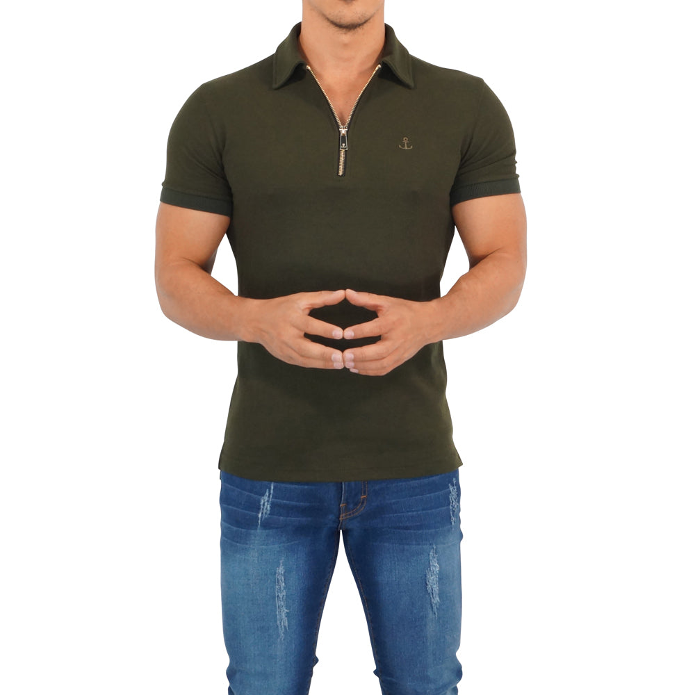 Zipped Short Sleeve Polo Full Olive