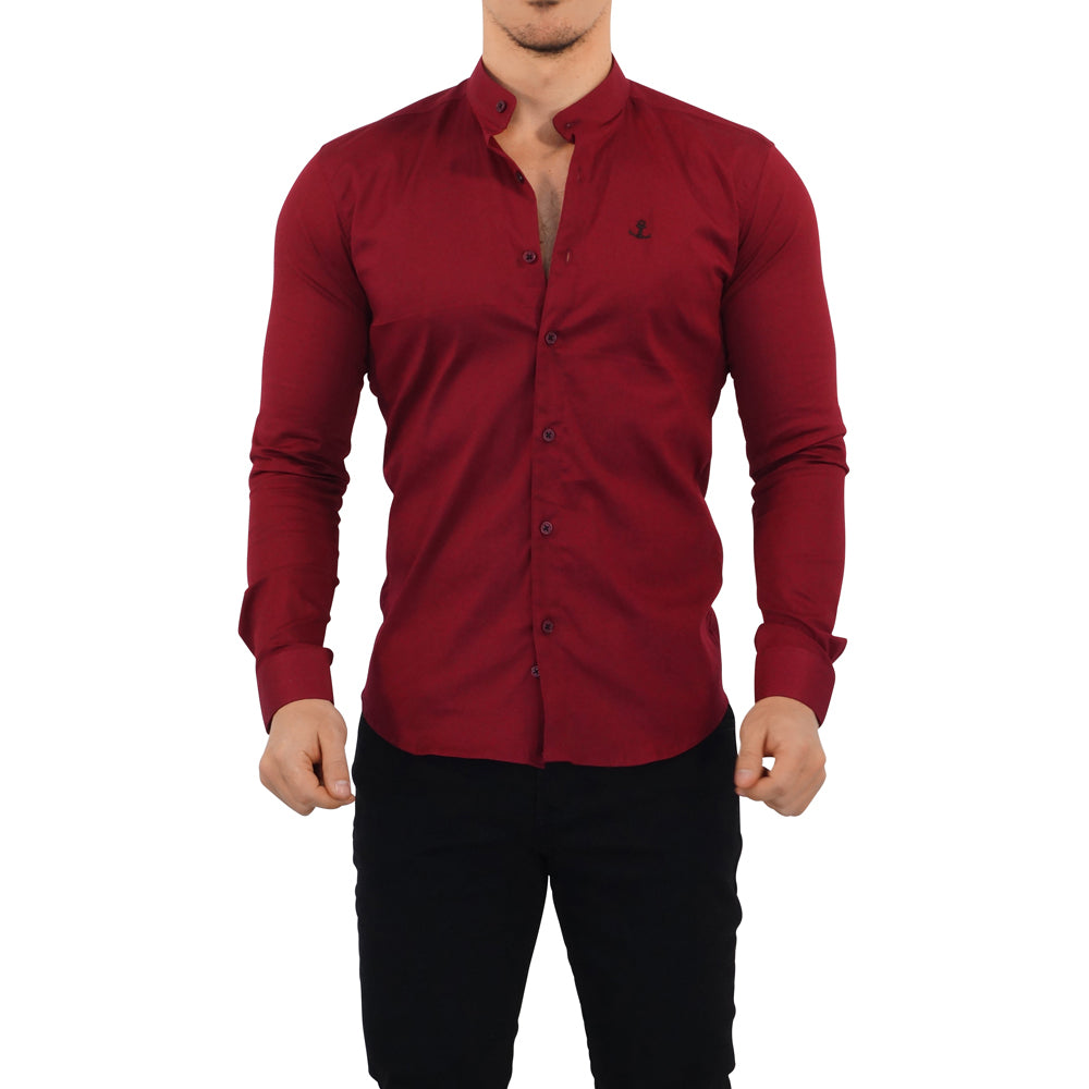 Camisa John Leopard Vino Cuello Mao Manga Larga Slim Fit