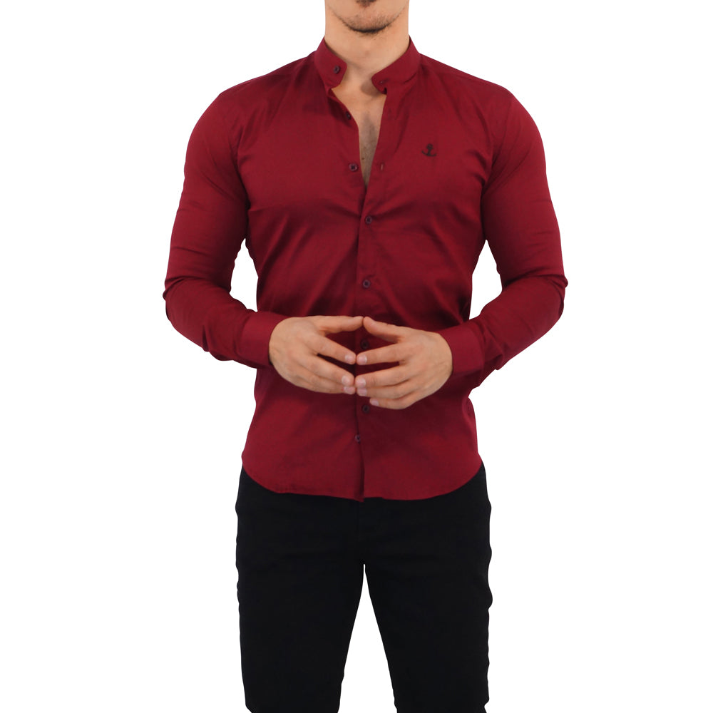 Camisa John Leopard Vino Cuello Mao Manga Larga Slim Fit