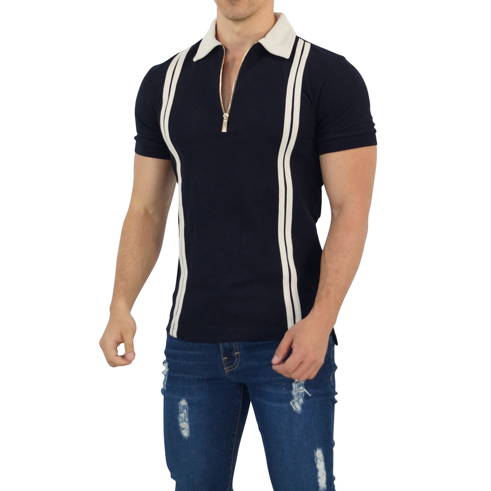 Zipped Polo Manga Corta Navy Cream Stripes