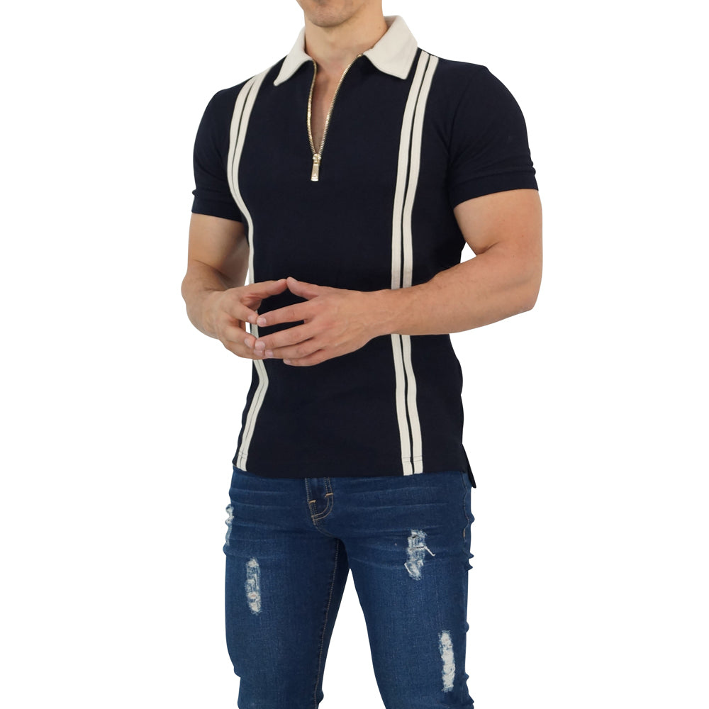 Zipped Polo Manga Corta Navy Cream Stripes