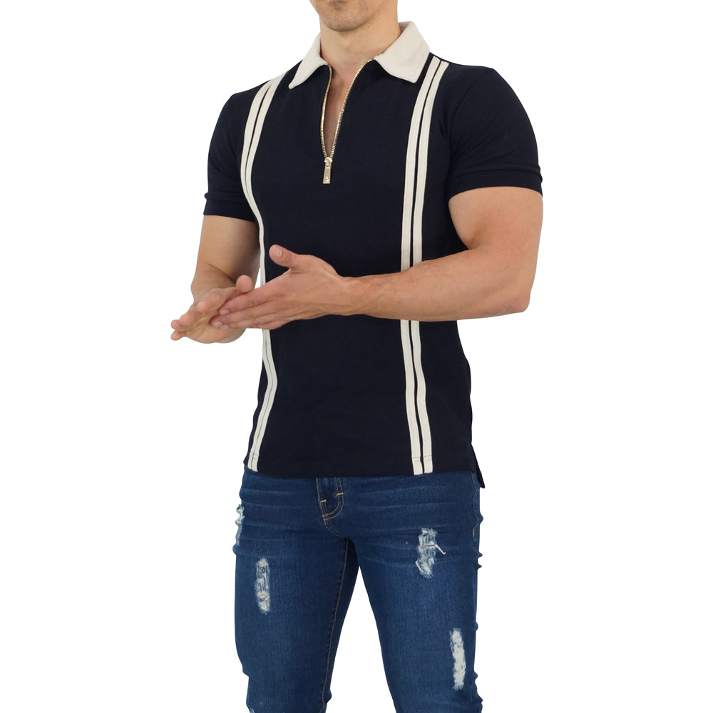 Zipped Polo Manga Corta Navy Cream Stripes