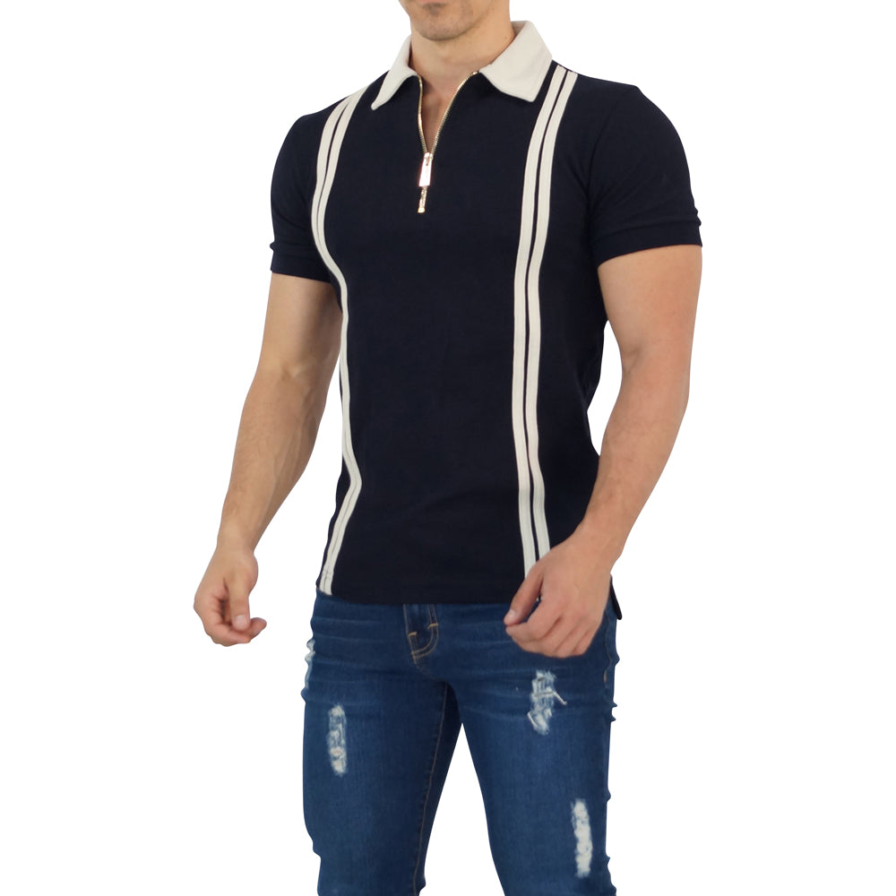 Zipped Polo Manga Corta Navy Cream Stripes