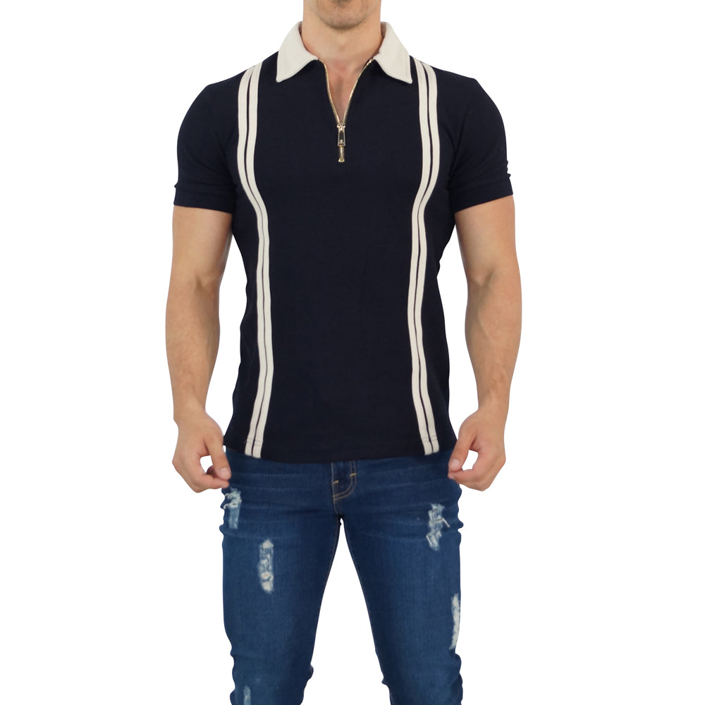 Zipped Polo Manga Corta Navy Cream Stripes