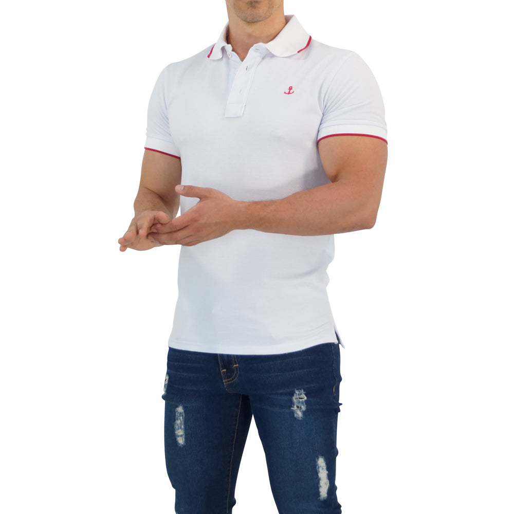 White Polo Shirt White Sleeves Fuchsia Logo