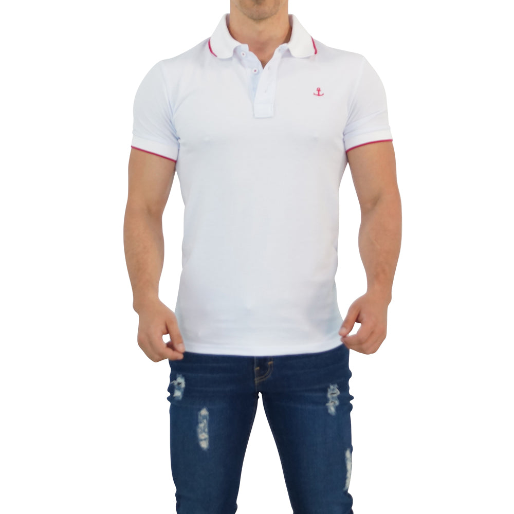 White Polo Shirt White Sleeves Fuchsia Logo