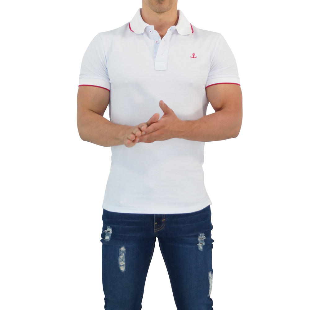 White Polo Shirt White Sleeves Fuchsia Logo