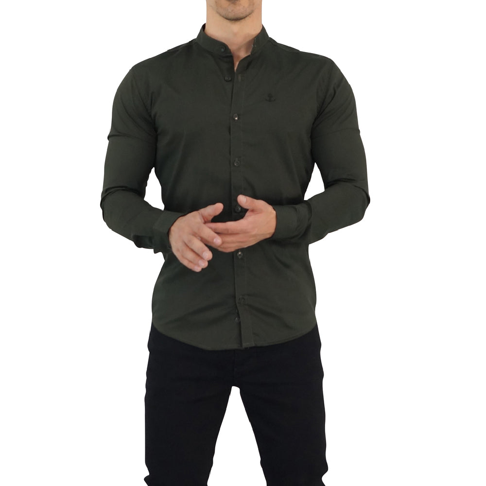 Camisa Verde Militar Cuello Mao Manga Larga Verde Militar