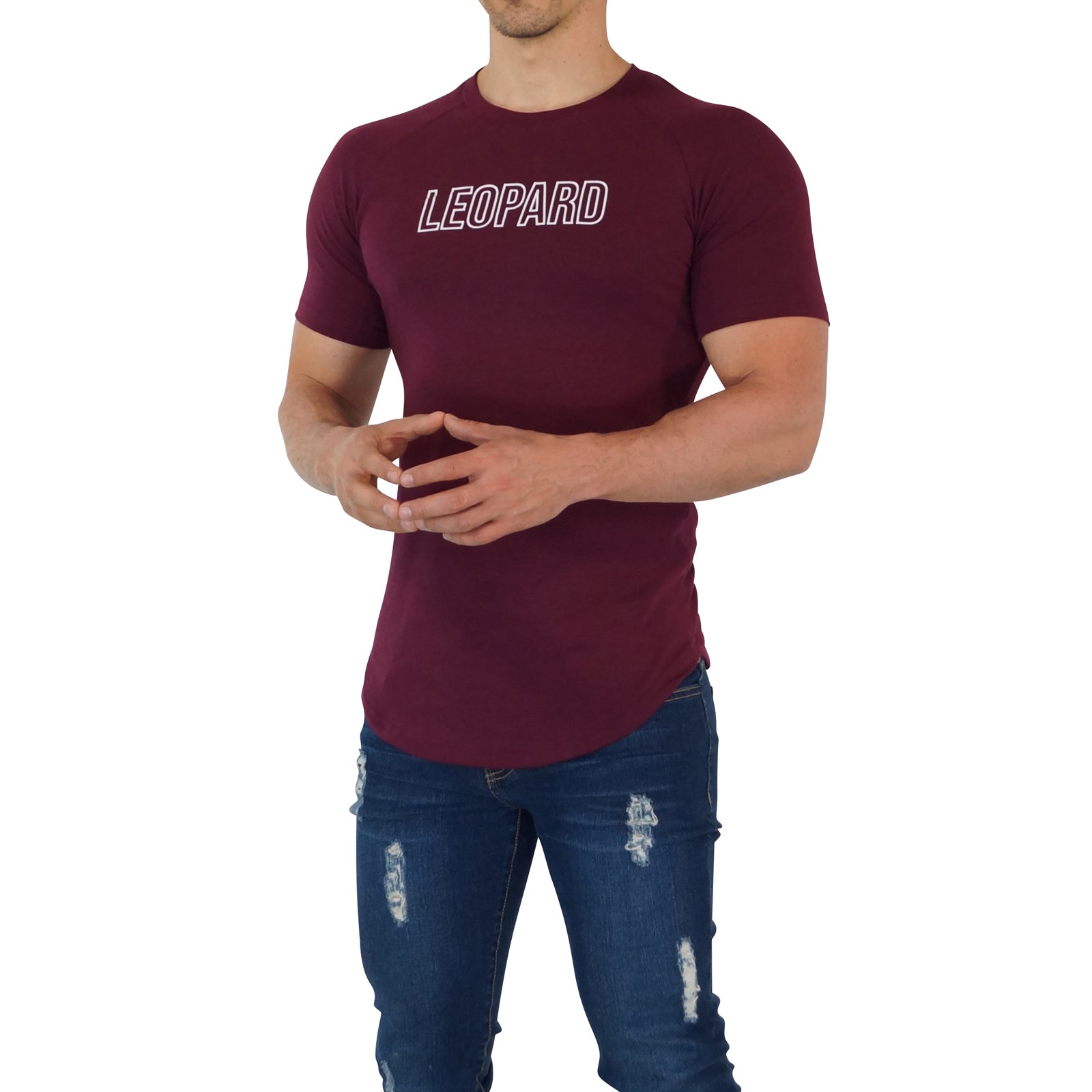 Burgundy Ranglan Short Sleeve T-shirt Leopard Outline White