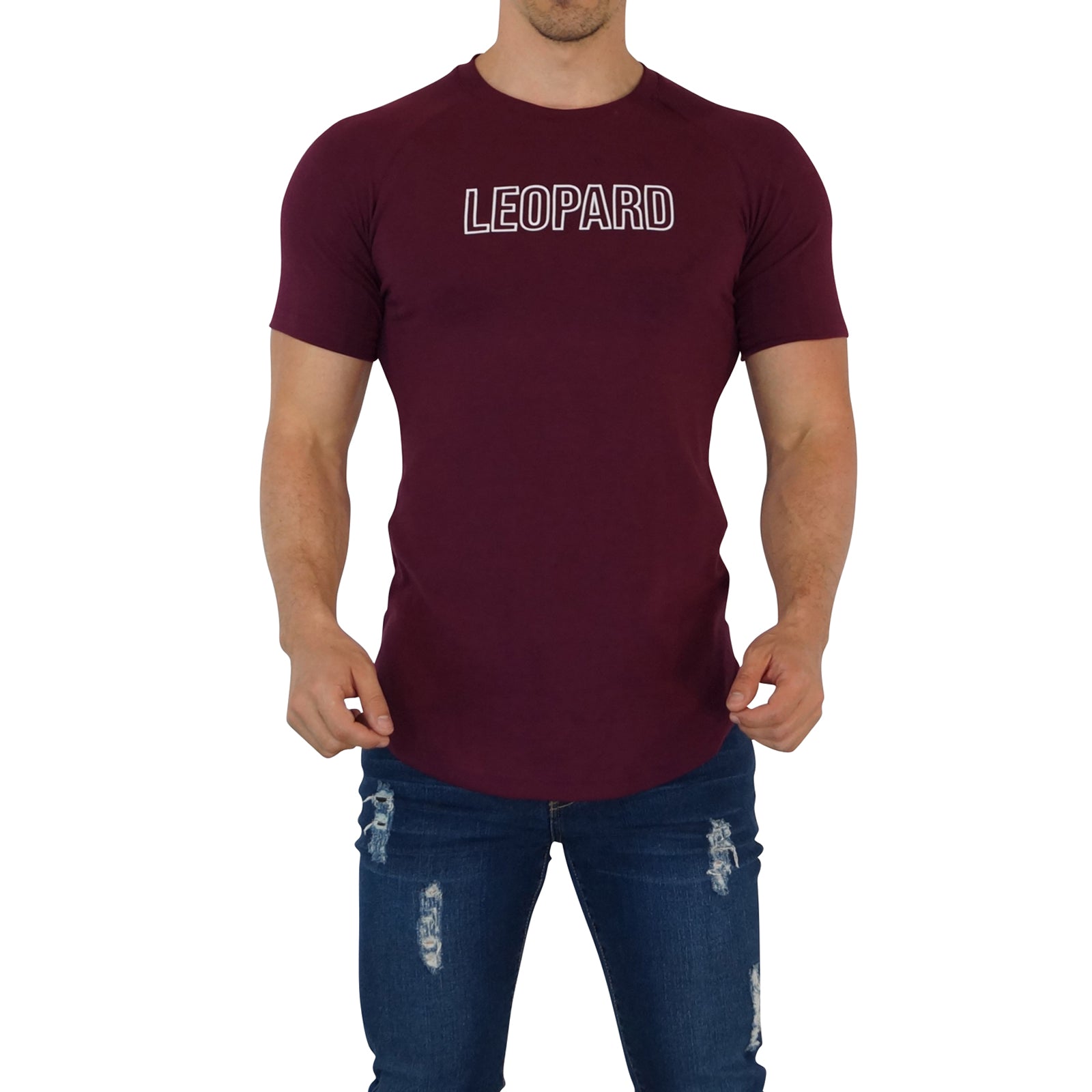 Burgundy Ranglan Short Sleeve T-shirt Leopard Outline White